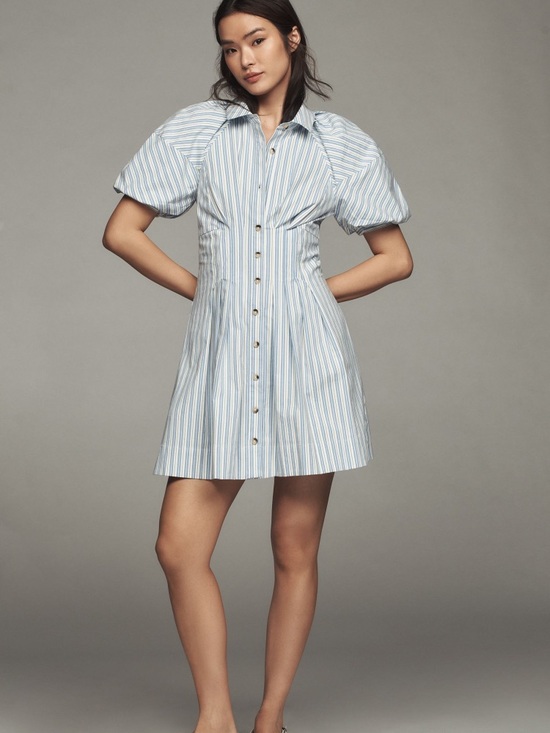 Anthropologie Dresses & Skirts - Anthropologie Blue and White Striped Puff-Sleeve Mini Dress